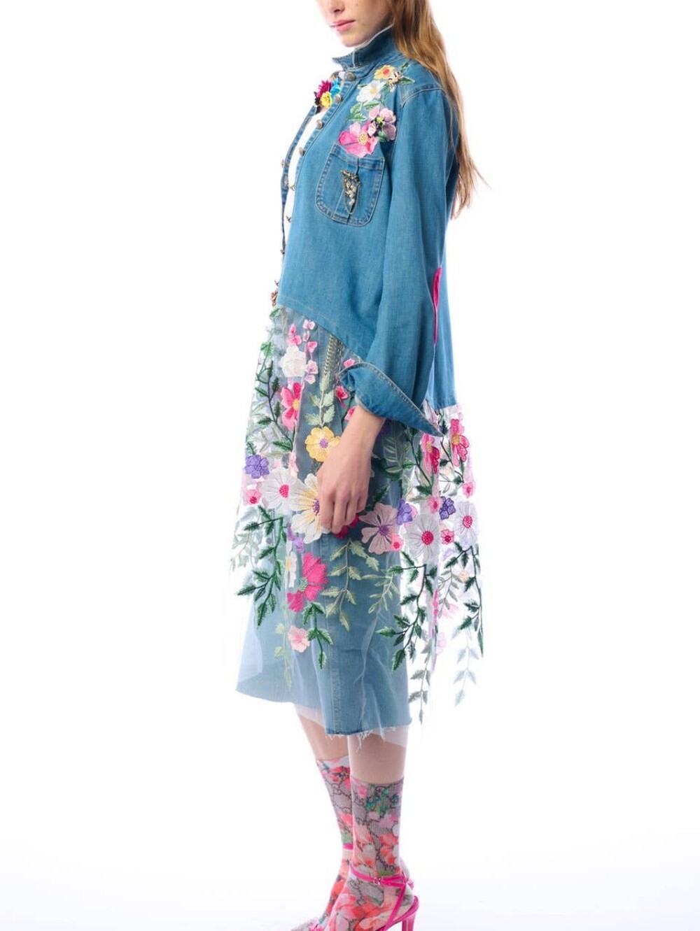 Aratta Celine Maxi Shirt Dress - Denim And Embroidery Florals - Picture 6 of 9